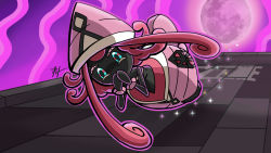 Rule 34 | commentary, covering own mouth, energy, english commentary, floating, full body, full moon, gen 7 pokemon, gradient sky, harlequinwaffles, highres, legendary pokemon, moon, night, nintendo, no humans, pokemon, pokemon (creature), pokemon focus, purple sky, signature, sky, solo, tapu lele