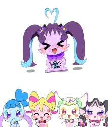 &gt;_&lt; 5girls @est@ ^_^ aokaze_nana blush blush_stickers bow bowtie closed_eyes commentary_request fairy fur_collar kimi_to_idol_precure meroron_(precure) multiple_girls precure purirun_(precure) sakura_uta_(precure) shigure_kokoro tail twintails