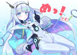 1girl absurdres black_gloves blue_eyes blue_hair blue_jacket bodysuit cactasis covered_navel eudie_(shadowverse) gloves hairband highres jacket long_hair long_sleeves looking_at_viewer open_clothes open_jacket shadowverse shadowverse:_worlds_beyond solo white_bodysuit