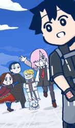 2girls 3boys black_hair blonde_hair blue_sky bright_pupils brown_hair cloud command_spell commentary_request creature dutch_angle fate/grand_order fate_(series) fou_(fate) fujimaru_ritsuka_(male) fujimaru_ritsuka_(male)_(polar_chaldea_uniform) fujimaru_ritsuka_wa_wakaranai game_cg goredolf_musik leonardo_da_vinci_(fate) leonardo_da_vinci_(fate/grand_order) leonardo_da_vinci_(rider)_(fate) leonardo_da_vinci_(rider)_(first_ascension)_(fate) male_focus mash_kyrielight multiple_boys multiple_girls novum_chaldea official_art open_mouth outdoors pink_hair sherlock_holmes_(fate) shouting sky third-party_source tsuchida white_pupils