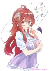1girl absurdres ahoge bespectacled brown_horns commentary_request curled_horns demon_girl demon_tail glasses highres horns icorasama long_hair looking_at_viewer machikado_mazoku orange_eyes red_hair short_hair simple_background solo tail translation_request twitter_username white_background yoshida_yuuko_(machikado_mazoku)