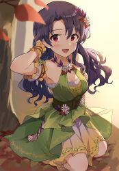 1girl absurdres arm_behind_head arm_scrunchie armpits autumn_leaves bare_shoulders black_hair blush bow breasts cleavage dress dress_bow floral_print flower flower_necklace green_dress green_sash hair_flower hair_ornament highres idolmaster idolmaster_million_live! idolmaster_million_live!_theater_days jewelry leaf long_hair looking_at_viewer medium_breasts necklace no_eyewear open_mouth outdoors red_eyes sash scrunchie shadow shuucream_(syuichi) sitting smile solo sunlight takayama_sayoko tree twintails wariza white_flower