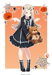Rule 34 | 1girl, black boots, black dress, blonde hair, boots, commentary, corrupted twitter file, demon horns, demon wings, dress, earrings, full body, gakuen idolmaster, hair ornament, hairclip, highres, holding, holding stuffed toy, horns, idolmaster, jack-o&#039;-lantern, jewelry, leaning forward, long hair, long sleeves, looking at viewer, orange eyes, shinosawa hiro, silk, smile, socks, solo, spider web, standing, star (symbol), stuffed animal, stuffed toy, symbol-only commentary, teddy bear, tupikeee, white socks, wings