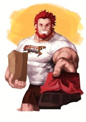 Rule 34 | 1boy, absurdres, bara, beard, chocolate, cowboy shot, facial hair, fate/grand order, fate (series), highres, iskandar (fate), large pectorals, looking at viewer, male focus, muscular, one eye closed, pectorals, print shirt, red hair, shirt, shorts, simple background, smile, solo, t-shirt, teeth, traver009, upper body, valentine