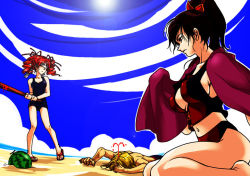 1boy 2girls amy_sorel beach blindfold blonde_hair blood brown_eyes brown_hair cloud drill_hair food fruit long_hair lying midriff multiple_girls namco navel ocean on_stomach one-piece_swimsuit outdoors ponytail raphael_sorel rarara_(faylute) red_hair sand sky soul_calibur standing swimsuit taki_(soulcalibur) thighs twin_drills twintails watermelon