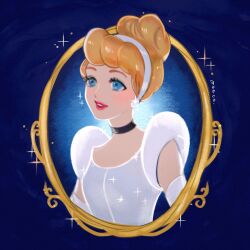 1girl animification blonde_hair blue_dress blue_eyes choker cinderella_(disney_character) cinderella_(disney_movie) dress earrings elbow_gloves gloves gown hair_bun hairband jewelry looking_at_viewer meecosme princess princess_dress short_hair smile solo