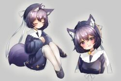 1girl :d ahoge animal_ear_fluff animal_ears bell beret black_dress black_shoes blue_dress blush choker closed_eyes collar dress fox_ears fox_girl fox_tail frills grey_background hair_between_eyes hat hat_ribbon head_tilt jingle_bell knees_up long_sleeves looking_at_viewer multiple_views neck_bell open_mouth own_hands_together pantyhose parted_lips puffy_long_sleeves puffy_sleeves purple_dress purple_eyes purple_hair ribbon shoes short_hair simple_background sitting six_box sleeping sleeves_past_wrists smile tail tien_(vrchat) vrchat white_pantyhose white_ribbon wolf_ears wolf_girl wolf_tail
