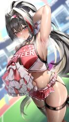 1girl absurdres arm_behind_head arm_up armpits bare_shoulders bay_(nikke) black_hair blush breasts cheerleader crop_top dark-skinned_female dark_skin goddess_of_victory:_nikke hair_intakes hairband highres large_breasts long_hair looking_at_viewer microskirt multicolored_hair navel open_mouth pom_pom_(cheerleading) ponytail purple_eyes red_shirt red_skirt shirt sijinni skirt solo streaked_hair sweat thigh_strap thighs