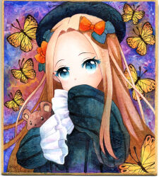 1girl abigail_williams_(fate) blonde_hair blue_bow blue_eyes blush bow bug butterfly butterfly_background colorful_background covering_own_mouth dot_nose fate/grand_order fate_(series) frilled_sleeves frills gradient_hair hair_bow hat highres holding_teddy_bear insect long_hair mosho multicolored_hair pink_hair red_bow ribbed_shirt shirt sidelocks sleeves_past_fingers sleeves_past_wrists stuffed_animal stuffed_toy teddy_bear traditional_media yellow_butterfly