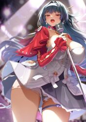 1girl absurdres astra_yao black_hair blunt_sidelocks breasts cleavage dress earrings hairband highres holding holding_microphone jacket jackets jewelry large_breasts long_hair looking_at_viewer microphone microphone_stand music necklace open_mouth pearl_necklace purple_eyes red_eyes red_jacket red_shrug s_potato1663 sidelocks singing smile solo thigh_beads uneven_bangs white_dress white_hairband zenless_zone_zero