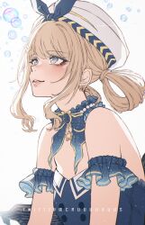 1girl back_bow bare_shoulders bead_choker beads beret blonde_hair blue_bow blue_bowtie blue_brooch blue_choker blue_dress blue_sleeves blunt_bangs bow bow_choker bowtie bubble bubbly_voyage_(infinity_nikki) choker commentary criis-chan detached_sleeves dress eyelashes frilled_choker frilled_sleeves frills grey_eyes hair_ornament hair_rings hairclip happy hat hat_bow infinity_nikki large_bow light_blush looking_ahead nikki_(series) parted_lips rabbit_hair_ornament short_hair short_sleeves sidelocks simple_background smile solo star_(symbol) star_choker strapless strapless_dress striped_bow symbol-only_commentary twitter_username two-tone_choker upper_body wavy_hair white_background white_choker white_hat