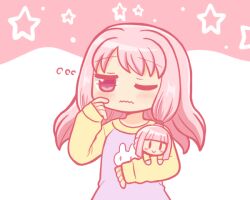 1girl bad_id bad_twitter_id blunt_bangs blush character_doll closed_mouth doll dress hand_up long_hair long_sleeves magia_record:_mahou_shoujo_madoka_magica_gaiden mahou_shoujo_madoka_magica one_eye_closed pajamas pink_eyes pink_hair reverse_(bluefencer) rubbing_eyes shirt sleepy sleeves_past_wrists solo star_(symbol) tamaki_iroha tamaki_ui two-tone_background upper_body wavy_mouth white_background |_|