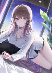 1girl alternate_breast_size alternate_costume bed black_shorts breasts brown_hair cleavage closed_mouth collarbone collared_shirt commentary_request dolphin_shorts feet_out_of_frame fingernails gradient_hair hair_ribbon herta_(honkai:_star_rail) highres honkai:_star_rail honkai_(series) indoors long_hair long_sleeves looking_at_viewer lying medium_breasts multicolored_hair nail_polish on_bed on_side partial_commentary purple_eyes purple_hair purple_nails purple_ribbon ribbon sakuno_(sksk_sakuno) shirt short_shorts shorts smile solo the_herta_(honkai:_star_rail) thighs very_long_hair white_shirt window