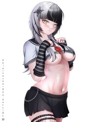 Rule 34 | 1girl, absurdres, alternate costume, black arm warmers, black hair, black skirt, breasts, closed mouth, fishnet thighhighs, fishnets, grey hair, highres, hololive, hololive english, large breasts, looking at viewer, miniskirt, multicolored hair, navel, neckerchief, red neckerchief, school uniform, serafuku, shiori novella, simple background, skirt, smile, solevisionarts, solo, split-color hair, striped arm warmers, thighhighs, two-tone hair, underboob, virtual youtuber, white background, yellow eyes