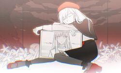 1girl bang_dream! bang_dream!_it&#039;s_mygo!!!!! beret black_capelet black_pantyhose black_skirt capelet chromatic_aberration closed_eyes commentary hat highres long_hair long_sleeves mortis_(bang_dream!) mortis_(costume)_(bang_dream!) mortis_(persona)_(bang_dream!) pantyhose parody_request red_hat red_shoes reiboubyou shirt shoes skirt wakaba_mutsumi white_hair white_shirt