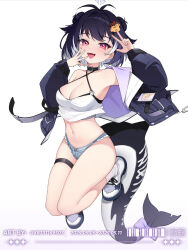 1girl antenna_hair armpits bare_shoulders black_choker black_hair black_jacket blue_shorts breasts camisole cetacean_tail choker cleavage criss-cross_halter crop_top crop_top_overhang cropped cutoffs denim denim_shorts double_bun fins fish_tail full_body hair_bun hair_ornament halterneck hands_up highres indie_virtual_youtuber jacket legs_up long_sleeves looking_at_viewer median_furrow micro_shorts midriff multicolored_hair navel off_shoulder official_art open_clothes open_jacket open_mouth pink_eyes puffy_long_sleeves puffy_sleeves sbbs second-party_source shirt shoes short_hair shorts simple_background sleeveless sleeveless_shirt smile sneakers socks solo spaghetti_strap stomach streaked_hair tail thigh_strap thighs third-party_edit two-tone_hair uhpufu virtual_youtuber white_background white_shirt white_sneakers white_socks