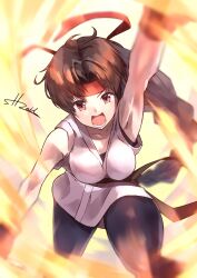 1girl braid braided_ponytail breasts brown_eyes brown_hair dougi female_focus gloves headband karate karate_gi large_breasts leather leggings long_hair looking_at_viewer open_mouth pale_skin pants standing str_rail the_king_of_fighters thick_thighs thighs tight_clothes tight_pants wide_hips yuri_sakazaki