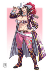 1girl abs absurdres alvida_(one_piece) baseball_bat boots bracelet breasts cirenk cleavage coat earrings female_focus full_body hand_on_own_hip hat heart highres jewelry jolly_roger knee_boots large_breasts long_hair navel necklace one_piece pearl_necklace solo
