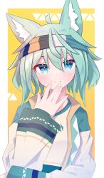 1girl ahoge animal_ear_fluff animal_ears blue_eyes blush border closed_mouth fox_ears green_hair hair_between_eyes hand_on_own_chin hand_on_own_face hand_to_own_mouth hand_up headband highres jacket long_sleeves looking_at_viewer mishe_(vrchat) multicolored_jacket open_clothes open_jacket original satoh_vrc shirt short_hair smile solo two-tone_background upper_body vrchat white_border white_shirt wide_sleeves yellow_background