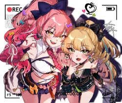 2girls armpits b9-n3 battery_indicator black_dress blonde_hair blue_skirt blush bow commentary_request dress earrings fangs finger_heart fingernails hair_bow heart highres idolmaster idolmaster_cinderella_girls jacket jewelry jougasaki_mika jougasaki_rika long_hair looking_at_viewer multiple_girls nail_polish navel pink_hair pink_jacket ponytail recording siblings signature sisters skirt smile star_(symbol) star_earrings thighs v v_over_mouth viewfinder