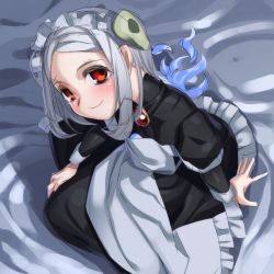 1girl 2017 apron bloody_marie_(skullgirls) blush brooch dress female_focus fire frilled_apron frilled_dress frills from_above hair_ornament haraguro_jakku highres jewelry kneeling looking_at_viewer maid maid_apron maid_headdress sitting sketch skull_hair_ornament skullgirls smile solo twintails