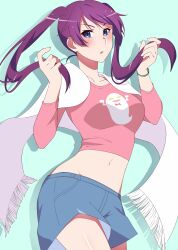 Rule 34 | 1girl, albino oscar, aqua background, blue eyes, blue skirt, blush, bracelet, breasts, collarbone, cowboy shot, crop top, eyelashes, hands up, highres, holding, jewelry, long hair, long sleeves, looking at viewer, medium breasts, midriff, miniskirt, monogatari (series), navel, official alternate costume, open mouth, pink shirt, purple hair, scarf, senjougahara hitagi, shadow, shirt, skirt, solo, thighs, twintails, white scarf, zoku owarimonogatari