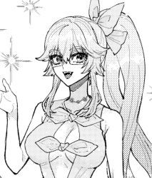 1girl arms_under_breasts bare_shoulders bow bowtie bracelet cleavage_cutout clothing_cutout crossed_arms fangs fate/grand_order fate_(series) glasses greyscale hair_bow hand_up jewelry koyanskaya_(fate) long_hair looking_at_viewer monochrome necklace onikudaisuki_x ponytail sparkle sparkling_aura tamamo_(fate)
