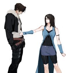 Rule 34 | 1boy, 1girl, arm ribbon, bare shoulders, belt, bike shorts, black hair, black jacket, black pants, black ribbon, black shirt, blue arm warmers, blue cardigan, blue skirt, breasts, brown hair, cardigan, cleavage, clenched hands, cowboy shot, cropped jacket, crossed belts, final fantasy, final fantasy viii, fur-trimmed jacket, fur trim, highres, jacket, light smile, long hair, medium breasts, miniskirt, multicolored hair, multiple belts, nini tw99, pale skin, pants, parted bangs, punching, ribbon, rinoa heartilly, shirt, short hair, skirt, squall leonhart, streaked hair, thigh strap, white shirt