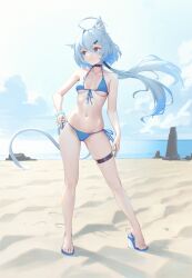 1girl absurdres ahoge animal_ears bare_arms bare_legs bare_shoulders beach bikini black_choker blue_bikini blue_eyes blue_hair breasts cat_ears cat_tail choker contrapposto floating_hair front-tie_bikini_top front-tie_top halterneck high_heels highres long_hair looking_to_the_side low_ponytail navel original outdoors pjman ponytail side-tie_bikini_bottom small_breasts solo standing stomach string_bikini swimsuit tail thigh_strap thighs very_long_hair wedge_heels