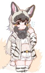1girl black_bow black_bowtie black_hair black_jacket black_thighhighs blush bow bowtie brown_eyes cowboy_shot crop_top cutoffs extra_ears flying_sweatdrops hair_between_eyes handsdsds highres hyena_ears hyena_girl hyena_tail jacket kemono_friends long_hair long_sleeves looking_at_viewer midriff multicolored_jacket navel open_clothes open_jacket print_jacket print_sleeves print_thighhighs shirt short_shorts short_sleeves shorts sidelocks solo striped_clothes striped_hyena_(kemono_friends) striped_jacket striped_thighhighs thighhighs two-tone_jacket two-tone_thighhighs white_hair white_jacket white_shirt white_shorts white_thighhighs zettai_ryouiki