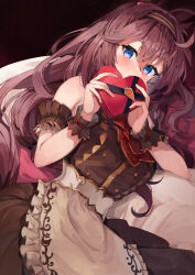 1girl :o absurdres ahoge animal_ears apron arm_garter ascot bare_shoulders bilingual_commentary blue_eyes blush box breasts brown_hair brown_hairband buttons covered_mouth cowboy_shot dark_background double-breasted double-parted_bangs dress ear_ornament embarrassed frilled_apron frills gift hair_between_eyes hairband heart-shaped_box highres holding holding_gift horse_ears horse_girl horse_tail kuroshiro_kanae large_breasts long_hair looking_at_viewer low-tied_long_hair low_twintails mihono_bourbon_(code:glassage)_(umamusume) mihono_bourbon_(umamusume) mixed-language_commentary narrow_waist official_alternate_costume official_alternate_hairstyle parted_lips red_ascot sleeveless sleeveless_dress solo tail twintails umamusume underbust valentine waist_apron wide_hips wrist_cuffs