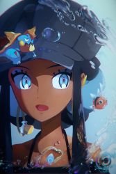 1girl aqua_eyes artist_name barraskewda black_hat blue_eyeshadow blue_hair newsboy_cap commentary_request dark-skinned_female dark_skin dated drednaw earrings eyeshadow film_grain gen_1_pokemon gen_3_pokemon gen_8_pokemon gym_leader halterneck hat heiwano highres hoop_earrings jewelry long_hair looking_away makeup multicolored_hair nessa_(pokemon) nintendo official_alternate_costume open_mouth pelipper pokemon pokemon:_twilight_wings pokemon_(creature) pokemon_swsh portrait seaking signature two-tone_hair very_dark_skin water_drop