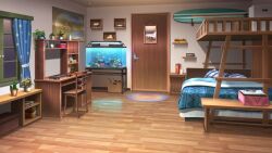 analog_clock apartment aquarium bedroom book box cardboard_box clock coffee_maker computer curtains desk highres indoors laptop map_(object) model_ship night no_humans non-web_source official_art our_life:_beginnings_and_always plant potted_plant rug scenery seashell shelf shell surfboard window wooden_chair wooden_door wooden_floor