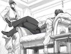 Rule 34 | 2boys, alcohol, beehive hairdo, brothers, couch, daniel j. d&#039;arby, earrings, facial mark, greyscale, hands on own hips, headband, jewelry, jojo no kimyou na bouken, male focus, merumeru626, monochrome, multiple boys, on couch, siblings, sleeping, stardust crusaders, terence t. d&#039;arby, vest, waistcoat, whiskey