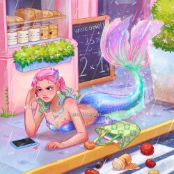 1girl apple artist_name blue_hair bracelet bread cellphone day food fruit gradient_hair green_bag green_hair highres jewelry loaf_of_bread long_hair luztapiaart lying mermaid monster_girl multicolored_hair necklace on_stomach original outdoors phone pink_hair rain sidewalk smartphone solo tomato watermark