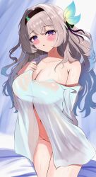 1girl :o belly black_hairband blush breasts collarbone curtains firefly_(honkai:_star_rail) gradient_eyes gradient_hair grey_hair hair_between_eyes hair_ornament hair_ribbon hairband highres honkai:_star_rail honkai_(series) large_breasts long_hair loose_clothes loose_shirt multicolored_eyes multicolored_hair navel nuuuukoame open_mouth ribbon shirt two-tone_eyes wet wet_clothes wet_shirt white_shirt