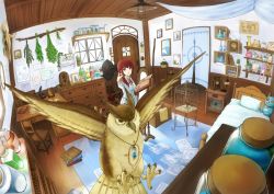 1girl bad_id bad_pixiv_id bed bedroom bird black_hat blouse book bookshelf broom broom_riding cactus cage clock collared_shirt desk door fantasy female_focus fisheye flower from_above gensuke_(ryun) hat highres holding holding_book indoors inkwell jar key lantern map mirror mushroom neck_ribbon open_mouth original owl paper pentagram perspective phone photo_(object) picture_frame pillow plant plate pointing potted_plant purple_eyes quill red_hair ribbon room roomscape scenery shadow shirt shoes solo standing stuffed_animal stuffed_bird stuffed_cat stuffed_giraffe stuffed_rabbit stuffed_toy teddy_bear unworn_hat unworn_headwear unworn_shoes vial vines white_shirt window witch wooden_floor