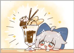 1girl :3 ahoge animal_ears animal_hat blue_eyes blush_stickers cat_hat chibi commentary_request fake_animal_ears food grey_hair hat ice_cream multicolored_eyes open_mouth original red_eyes saliva saliva_pool smile solo sorata123 sparkle sundae table