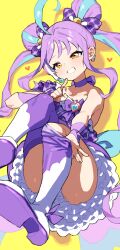 1girl ahoge blue_hair boots breasts choker closed_mouth commentary_request cure_kyunkyun dress frilled_dress frills heart highres kimi_to_idol_precure long_hair mo_(boo1719501boo) multicolored_hair precure purple_choker purple_dress purple_hair purple_thighhighs shigure_kokoro small_breasts smile solo thigh_boots thighhighs twintails two-tone_hair very_long_hair white_boots yellow_eyes