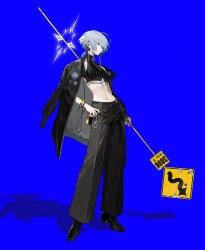 1girl absurdres bean_sprouts_(6651003) bell-bottoms belt black_coat black_nails black_pants black_shoes blue_background blue_eyes coat coat_on_shoulders commentary_request crop_top earrings full_body grey_hair halo hand_on_own_hip highres holding_road_sign jewelry looking_ahead nail_polish navel open_clothes open_coat original pants ring road_sign shadow shirt shoelaces shoes short_hair sign simple_background solo turtleneck turtleneck_shirt