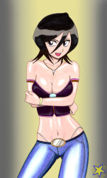 1girl armband black_hair bracelet breasts cleavage collar collarbone crop_top crossed_arms denim highres jeans jewelry kuchiki_rukia medium_breasts medium_hair navel open_mouth panties pants panty_straps purple_eyes purple_tube_top shiny_skin solo strapless tube_top underwear white_panties zipper