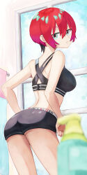 Rule 34 | 1girl, amate yuzuriha, ass, blurry, blurry foreground, boyshort panties, closed mouth, commentary request, green eyes, gundam, gundam gquuuuuux, highres, jitome, looking at viewer, looking back, median furrow, red hair, short hair, solo, sports bra, standing, tom (pixiv41651055)