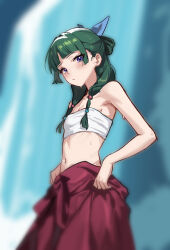 1girl absurdres amamiyayk bandeau bare_arms blue_bow blue_eyes blurry blurry_background blush bow closed_mouth flat_chest green_hair hair_bow highres kusuriya_no_hitorigoto long_hair looking_at_another low_twintails maomao_(kusuriya_no_hitorigoto) midriff navel solo standing stomach twintails white_bandeau