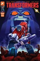 Rule 34 | 2boys, arm cannon, autobot, blue eyes, cannon, comic cover, commentary, decepticon, english commentary, english text, insignia, manabu yashiro, mecha, megatron, multiple boys, no humans, official art, open mouth, optimus prime, red eyes, robot, science fiction, transformers, transformers: generation 1, transformers (skybound), weapon