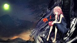 1girl album_cover bare_arms bare_legs bare_shoulders barefoot black_dress chair cover dress egoist eyeliner fish fog full_body full_moon goldfish guilty_crown halter_dress halterneck holding_yarn long_hair looking_down low-tied_sidelocks makeup moon mountain night official_art on_chair open_mouth pink_eyeliner pink_eyes pink_hair redjuice sidelocks sitting sky solo star_(sky) starry_sky third-party_source tree yarn yarn_ball yuzuriha_inori