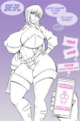 1girl areola_slip breasts cleavage cyborg english_text female_focus ghost_in_the_shell glaring gun hand_on_own_hip highres huge_breasts huge_nipples hypnosis jacket kusanagi_motoko large_areolae mchoi141 mind_control monochrome nipples open_clothes open_jacket phone simple_background tagme tech_control weapon