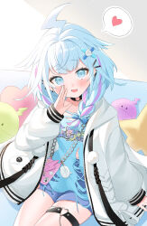 1girl absurdres ahoge blue_eyes blue_hair blue_shirt blush fang hair_ornament hairpin heart heart_o-ring highres hololive hololive_dev_is jacket lightning_ahoge looking_at_viewer mizumiya_su multicolored_hair o-ring o-ring_thigh_strap open_mouth pink_hair shirt skin_fang smile solo spoken_heart streaked_hair thigh_strap toui_penko virtual_youtuber white_jacket