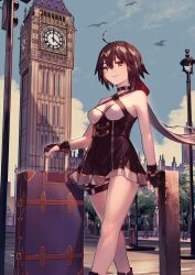 1girl absurdres ahoge bare_shoulders black_choker black_dress black_eyes black_gloves black_hair blue_sky breasts building choker clock clock_tower cloud cloudy_sky criss-cross_halter dress fingerless_gloves gloves halterneck highres holding holding_suitcase london long_hair medium_breasts nakanishi_tatsuya original red_pupils short_dress sky sleeveless sleeveless_dress solo_focus suitcase thigh_strap thighs tower tree