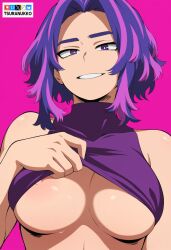 1girl artist_name bluesky_logo boku_no_hero_academia breasts clothes_lift fanbox_logo grin lady_nagant large_breasts lifting_own_clothes looking_at_viewer multicolored_hair nipples patreon_logo pink_background pink_hair pixiv_logo purple_eyes purple_hair shirt_lift short_hair simple_background smile solo streaked_hair sweat teeth tsuranukko twitter_x_logo underboob