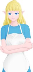 1girl absurdres apron blonde_hair blue_dress blue_eyes blue_shirt blunt_bangs breasts commission commissioner_upload crossed_arms dress elf elvavena_araline highres long_hair looking_at_viewer official_art pointy_ears ponytail selinanovalight shirt short_sleeves smile solo ways_of_darkness_(series) white_dress